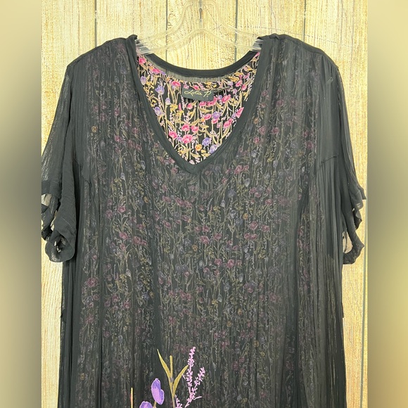 Lola P Cottagecore Dress L Black Sheer Floral Overlay Hanky Hem Whimsigoth Fairy - Picture 2 of 8